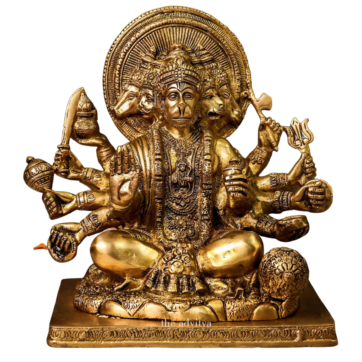 Brass Panchmukhi Hanuman Idol in sitting posture front view with white background.