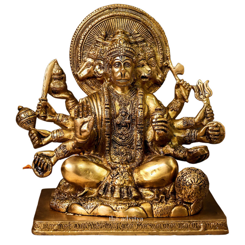 Brass Panchmukhi Hanuman Idol in sitting posture front view with white background.