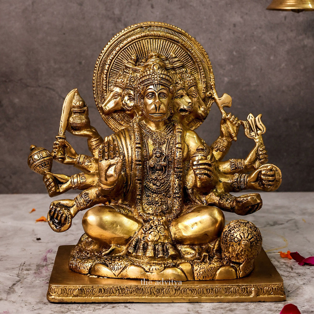 Brass Panchmukhi Hanuman Idol in sitting posture front view.