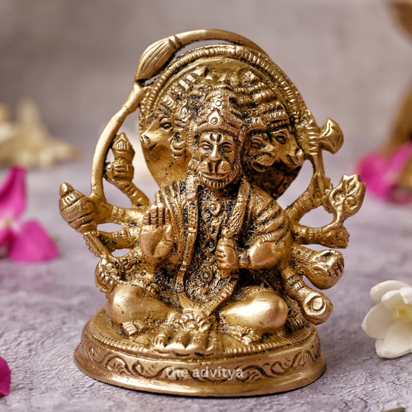 Brass Panchmukhi Hanuman Murti front view for home temple worship.