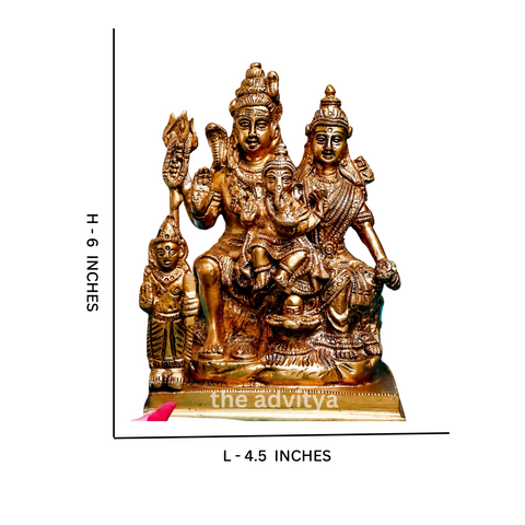 Close-up detailing of brass Shiv Parivar murti medium handcrafted idol
