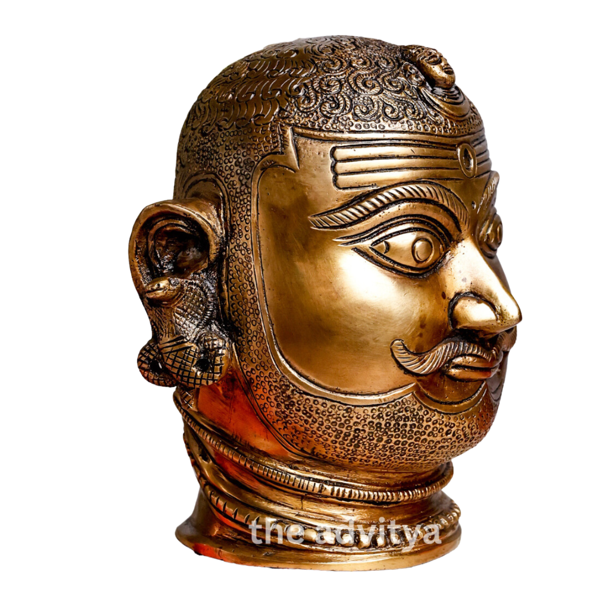Left side angle of brass Shiva Head showing serene facial features and detailing with a white background.