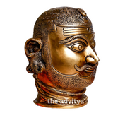 Left side angle of brass Shiva Head showing serene facial features and detailing with a white background.