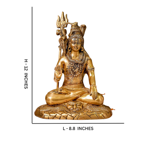 Dimension and size reference image of Brass Shiva Statue meditating on a lion mat.