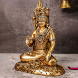 Side angle view of Brass Shiva Statue seated in meditation on lion mat.