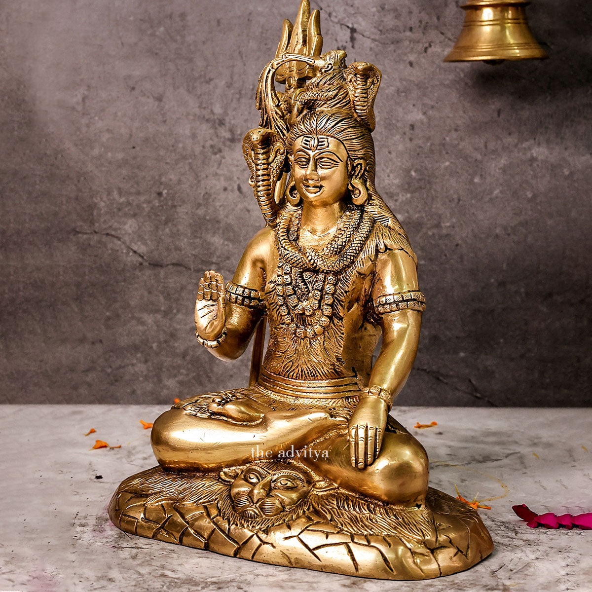 Side angle view of Brass Shiva Statue seated in meditation on lion mat.