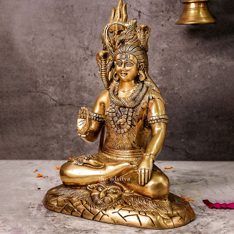 Side angle view of Brass Shiva Statue seated in meditation on lion mat.
