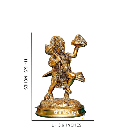 Brass standing Hanuman idol with Sanjeevani mountain dimension detail.