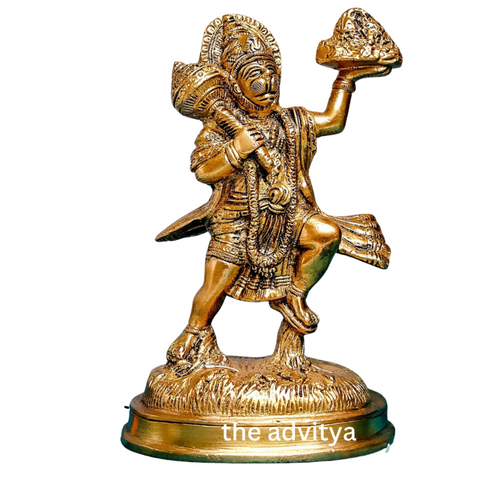 Brass standing Hanuman idol with Sanjeevani mountain front view with white background.