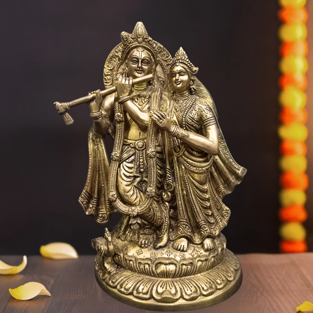 Brass Standing Radha Krishna Idol on single base 12.5 inch handcrafted statue.