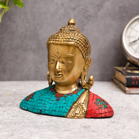 Left angle view of Buddha sculpture crafted in brass with stone accents