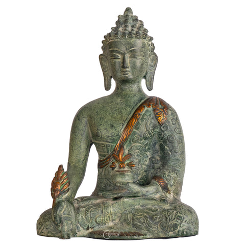 Detailed view of the base and textured surface of Brass Tibetan Buddha statue in earthy tones, reflecting artisanal craftsmanship.