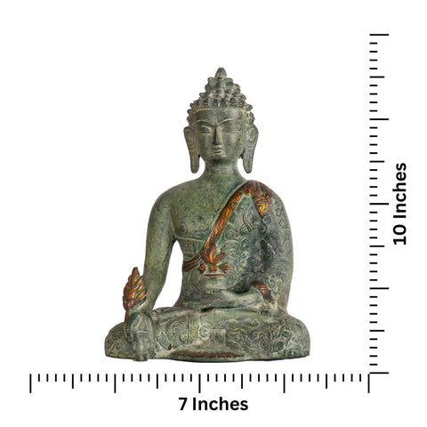 Dimension view of Brass Tibetan Buddha statue in earthy tones showing approximate height of 10 inches and width of 7 inches.