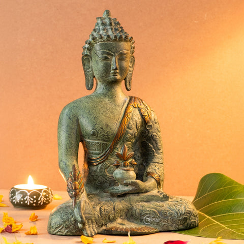Right angle view of Brass Tibetan Buddha statue in earthy tones, showcasing the serene hand gesture and balanced seated form.