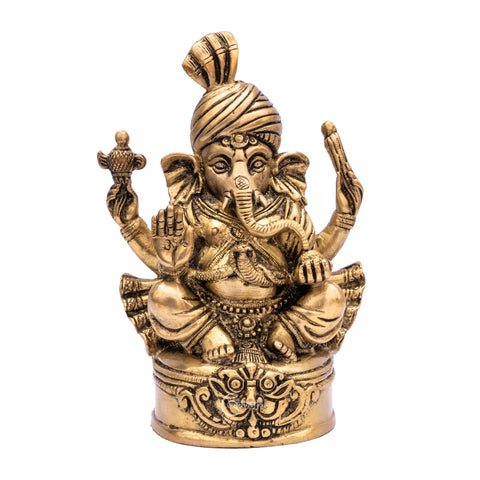 Brass Vighnaharta Lord Ganesha with Pagdi 7 inch handcrafted idol for home temple