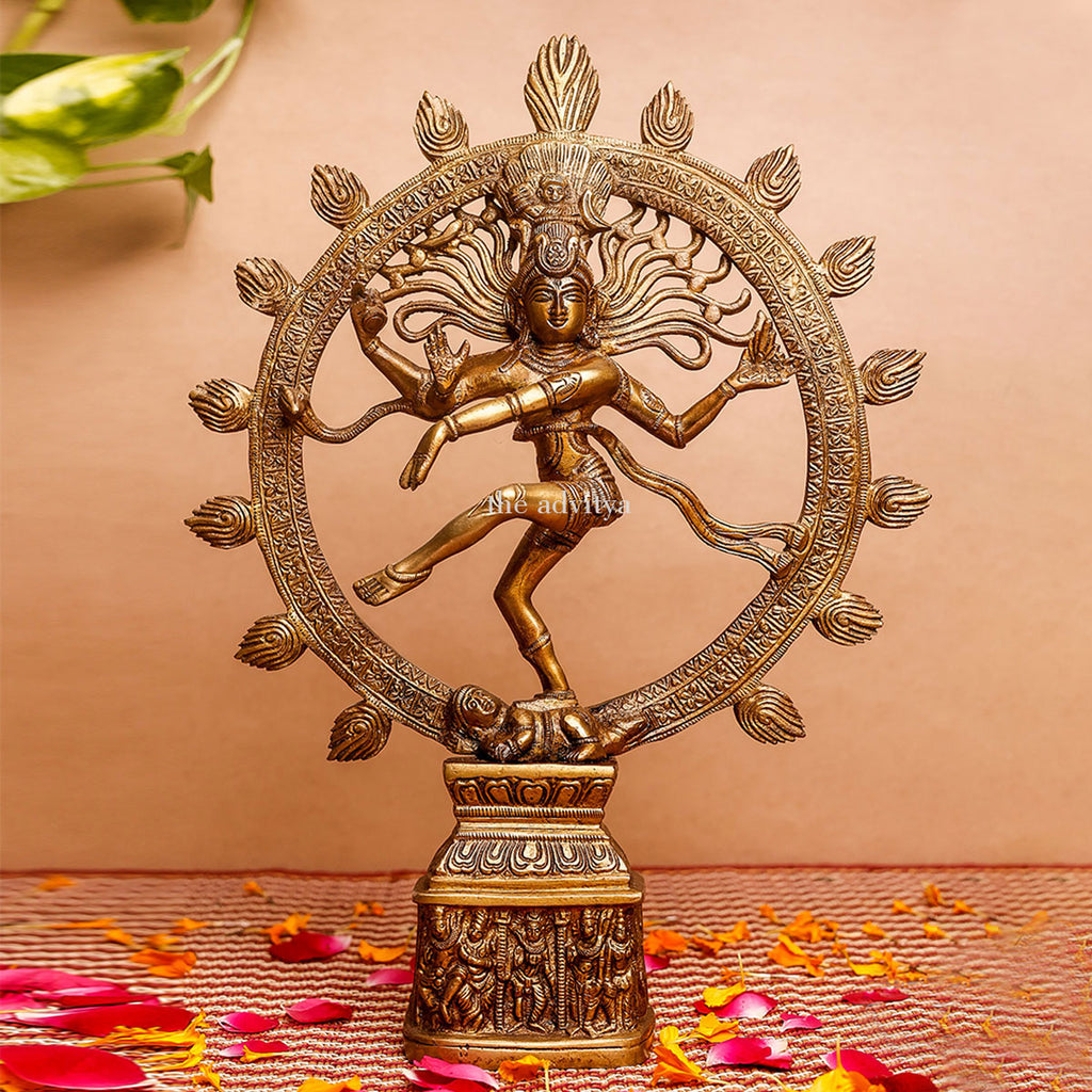 Dancing Lord Shiva statue Nataraja brass front view for worship.