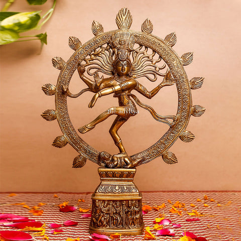 Dancing Lord Shiva statue Nataraja brass front view for worship.
