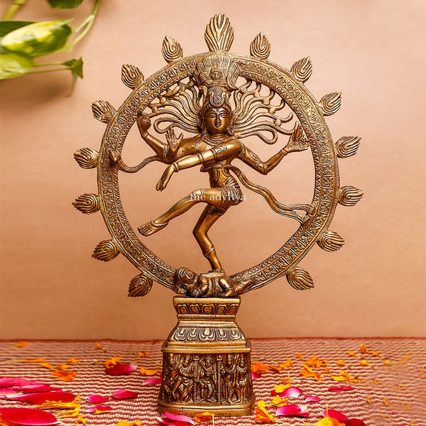 Dancing Lord Shiva statue Nataraja brass front view for worship.