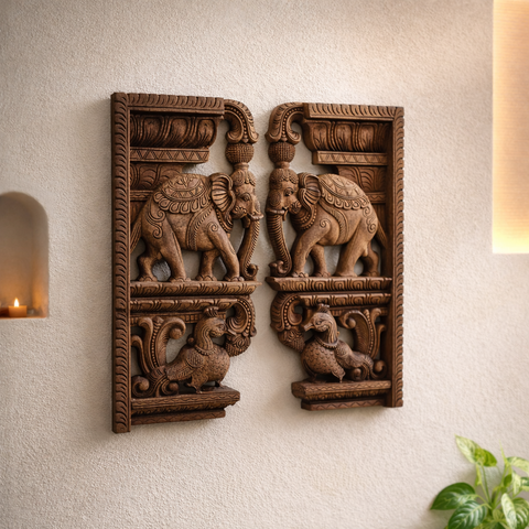 Decorative elephant and bird wood wall bracket pair 24 inch home decor