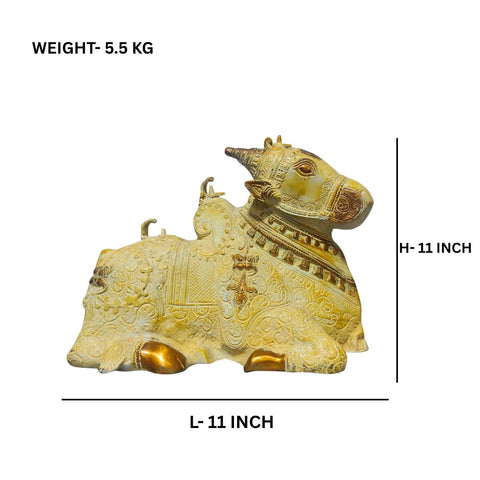 Dimension Brass Nandi idol with sand finish and golden tone placed in devotional setting on dark background