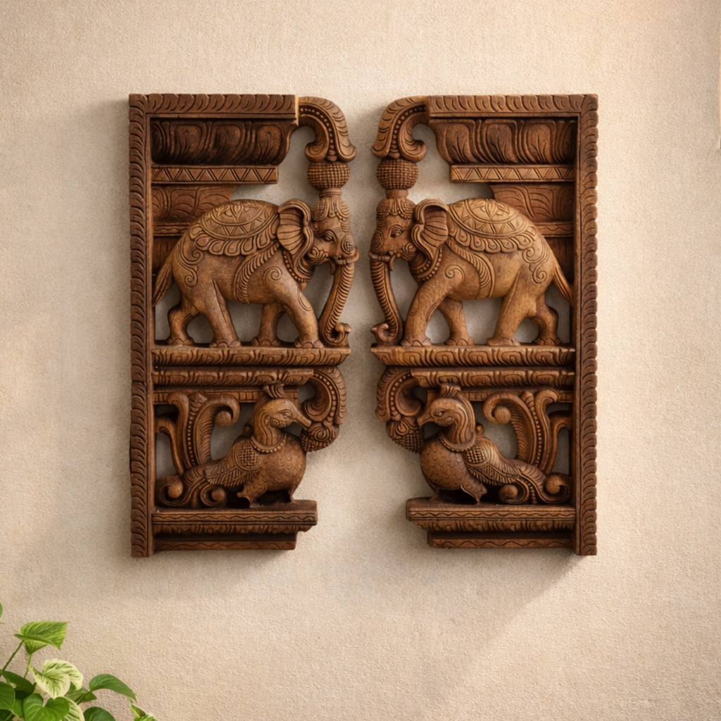 Elephant and bird wall bracket pair in wood 24 inch for home decor