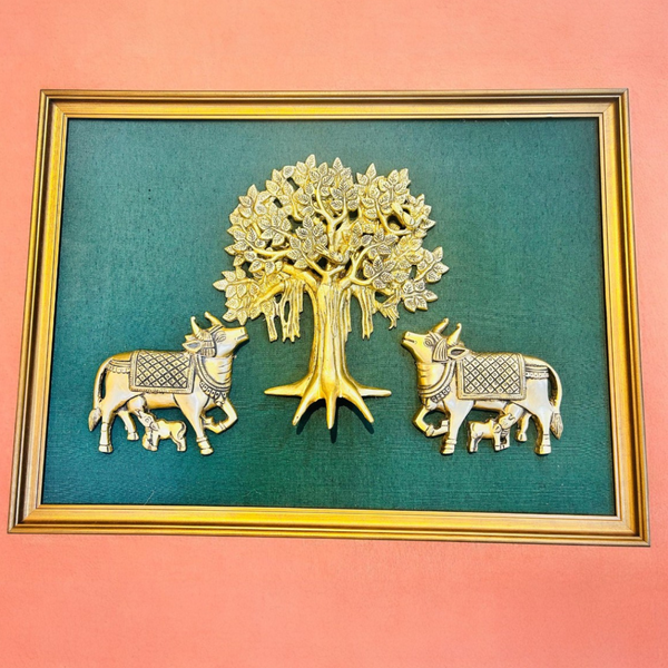 Brass Wall Hanging Cow Pair & Tree With Frame