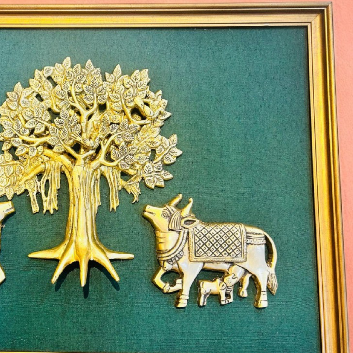 Brass Wall Hanging Cow Pair & Tree With Frame