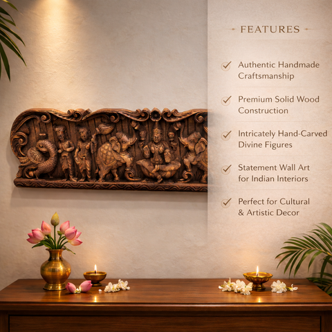 Gajalakshmi Lakshmi Devi wall panel with elephant abhishek wooden decor