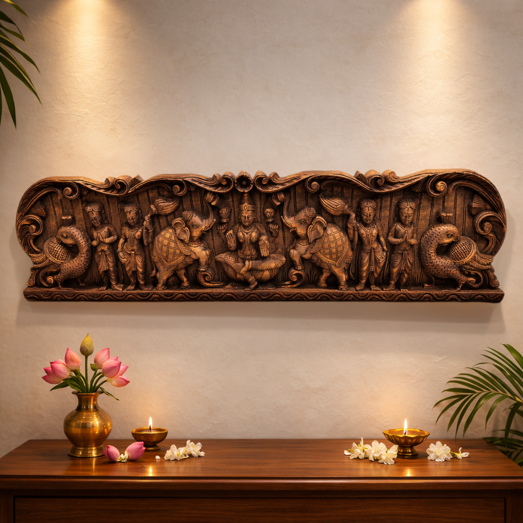 Gajalakshmi temple wall panel with elephant abhishek in wood 12 inch for home decor