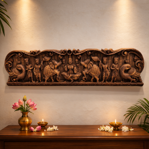 Gajalakshmi temple wall panel with elephant abhishek in wood 12 inch for home decor