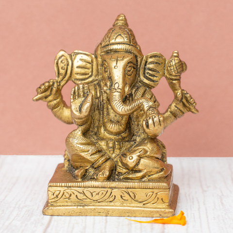 Front view of 3.2-inch Ganesh Idol in brass for pooja, temple, and home décor