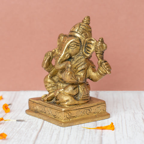 Side view of 3.2-inch brass Ganesh Idol showing intricate detailing for pooja and gifting