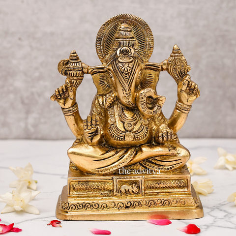 Close-up of 6 inch Brass Ganesh Idol Svarup highlighting detailed craftsmanship and Shankh in hands
