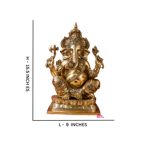 15.5-inch brass Ganesha statue displayed with dimensions for accurate size reference.