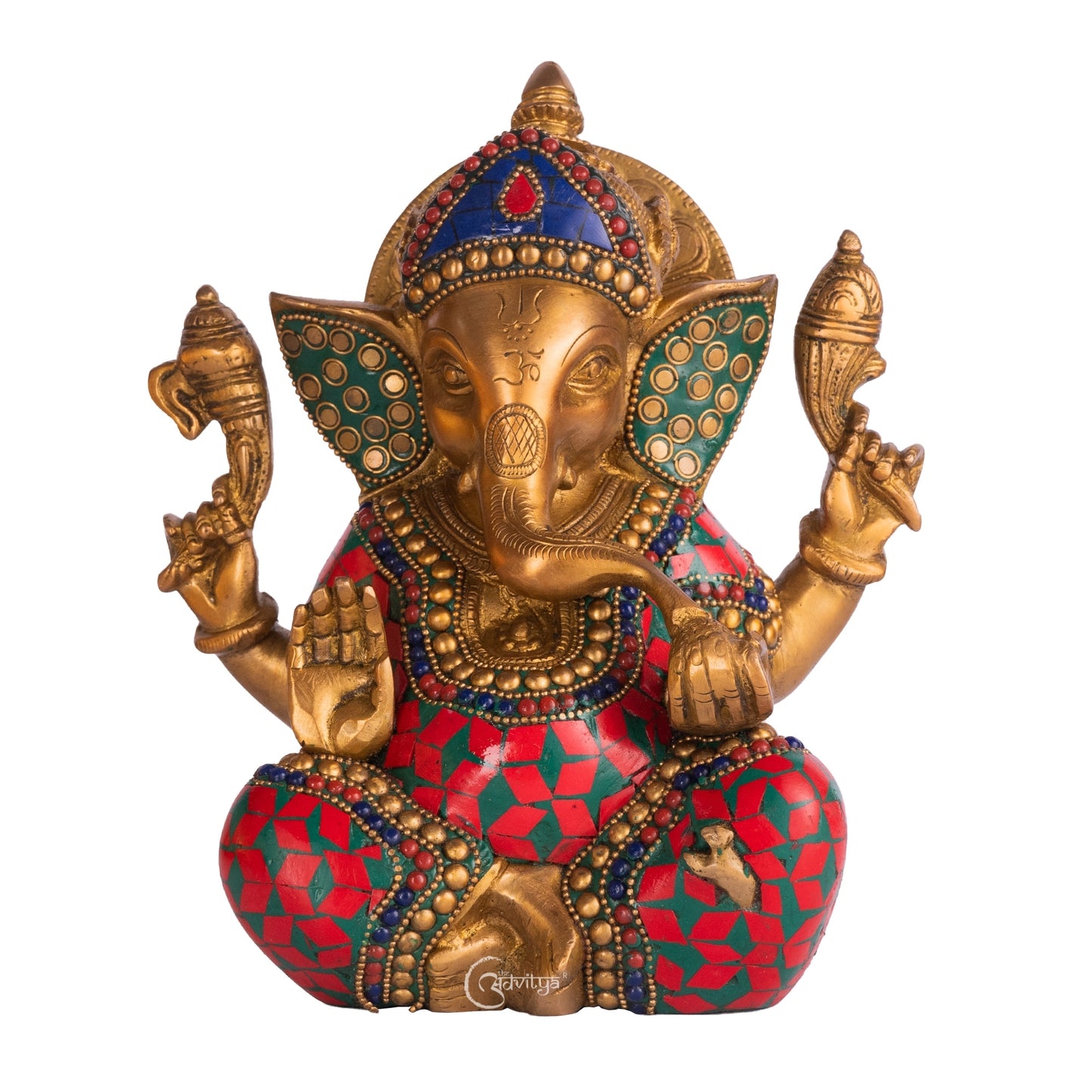 8 inch Ganesha statue with colorful stonework finish placed in home temple décor