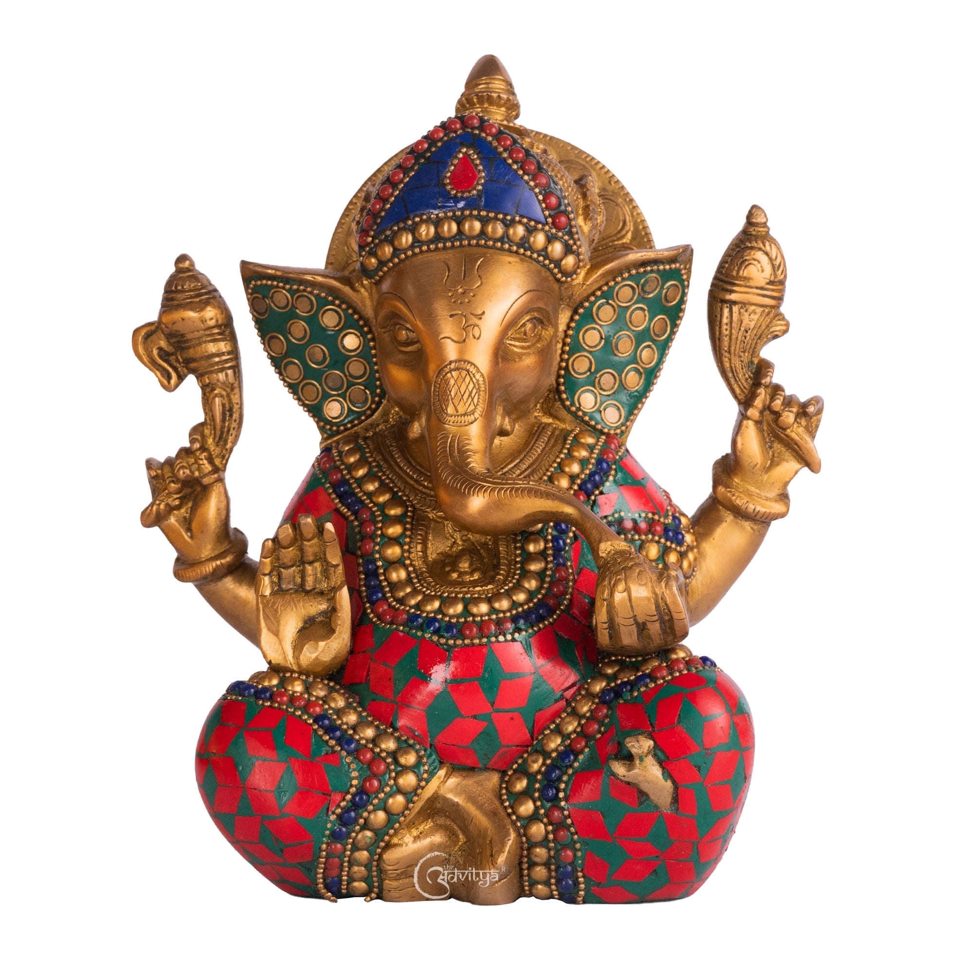 8 inch Ganesha statue with colorful stonework finish placed in home temple décor