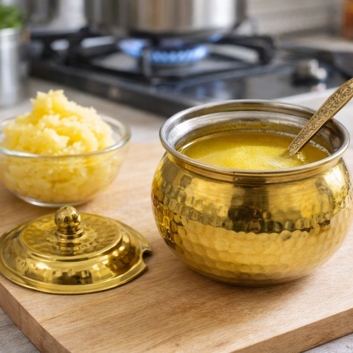 Traditional hammered brass ghee pot placed on wooden tray