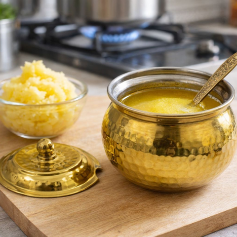 Traditional hammered brass ghee pot placed on wooden tray