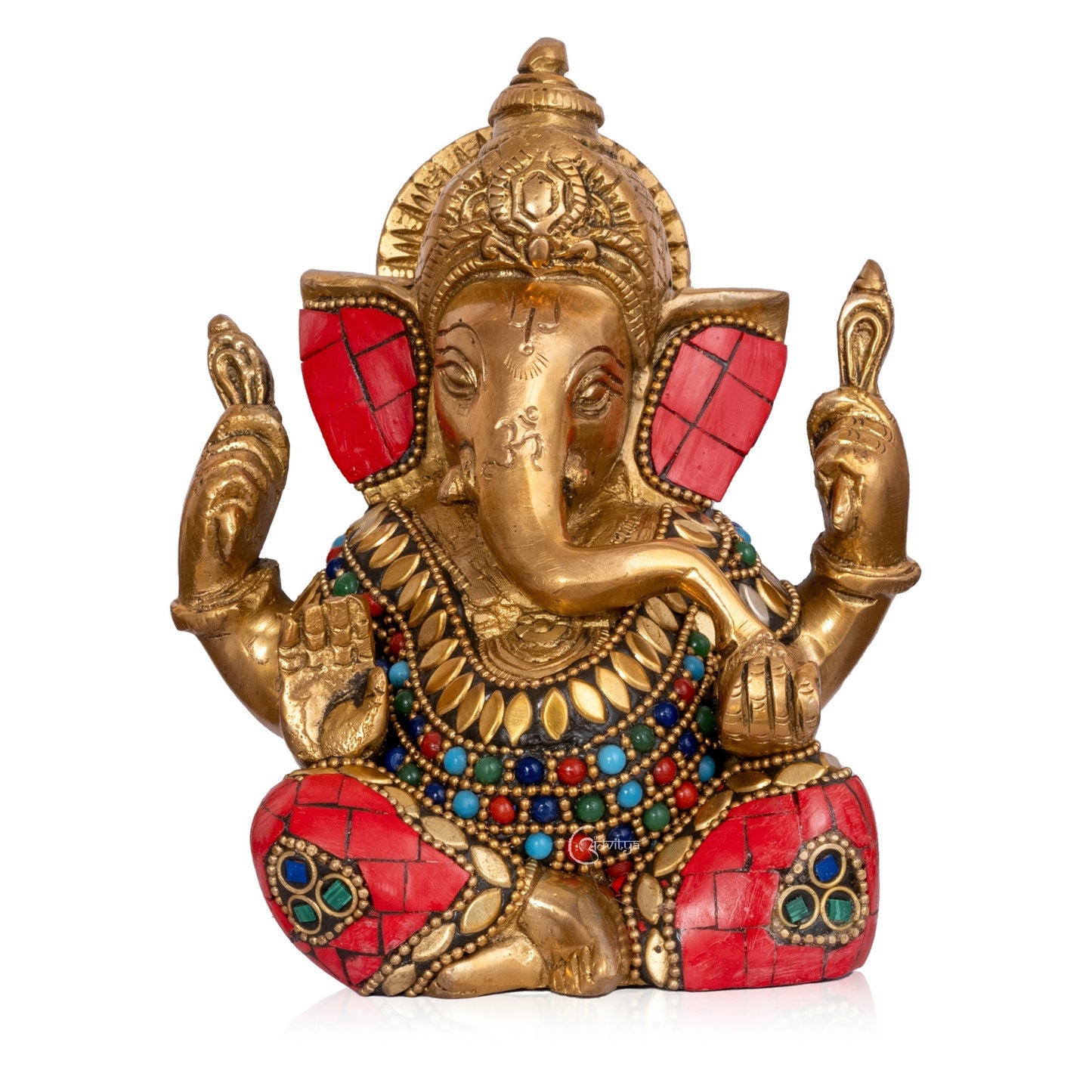 "Front view of Brass Ganesha Idol with white backgrount stonework for Mandir and home décor"