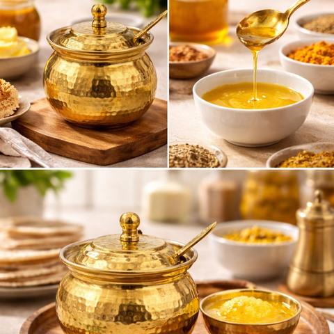 Elegant brass ghee pot for kitchen and dining table use