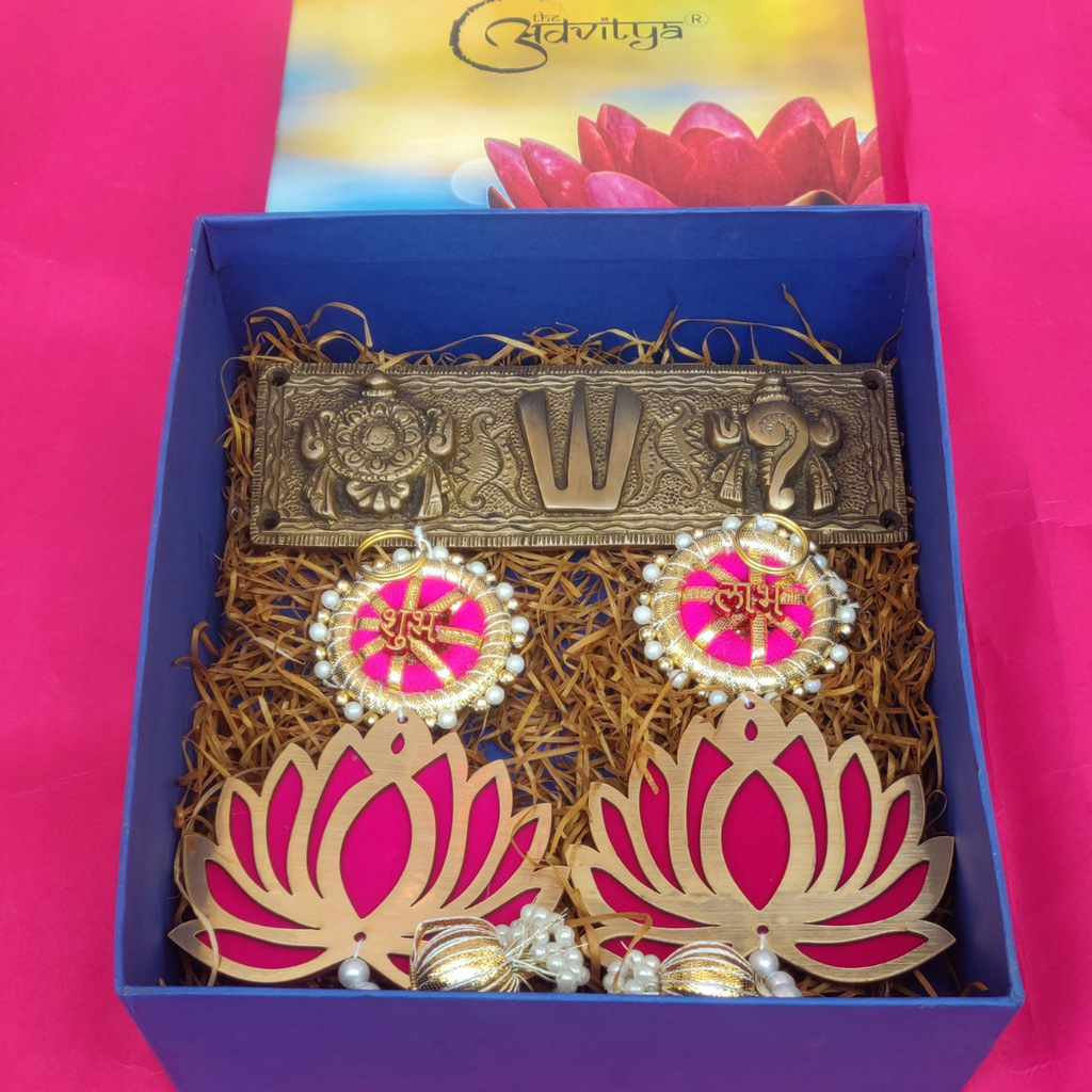 Diwali Hamper with Brass Shankh Chakra Namah & Fabric Lotus Pair, and Almonds (75 to 100g)