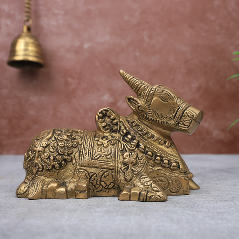 Handcrafted brass Nandi Maharaj idol front view for home temple.
