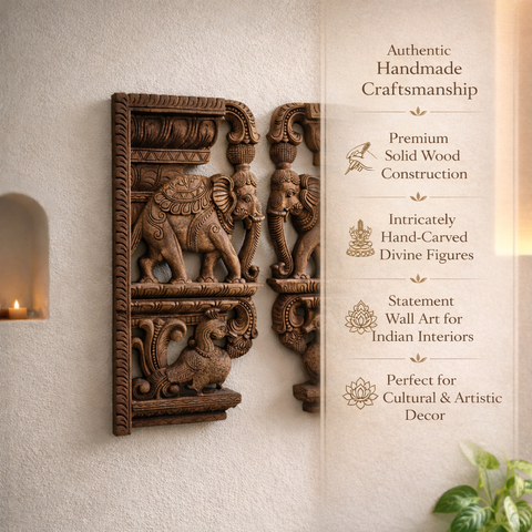 Handcrafted elephant and bird wall bracket pair wooden 24 inch design