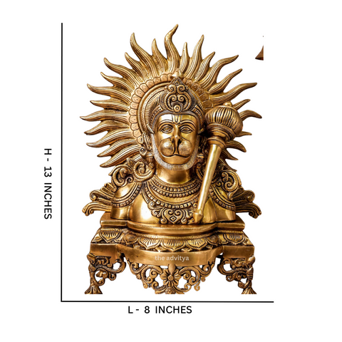 Close-up detail with dimension of brass Hanuman bust idol with gada highlighting fine carving and devotional artistry