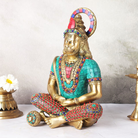 Left angle view of Hanuman statue in dhyan mudra featuring detailed mosaic work and calm expression