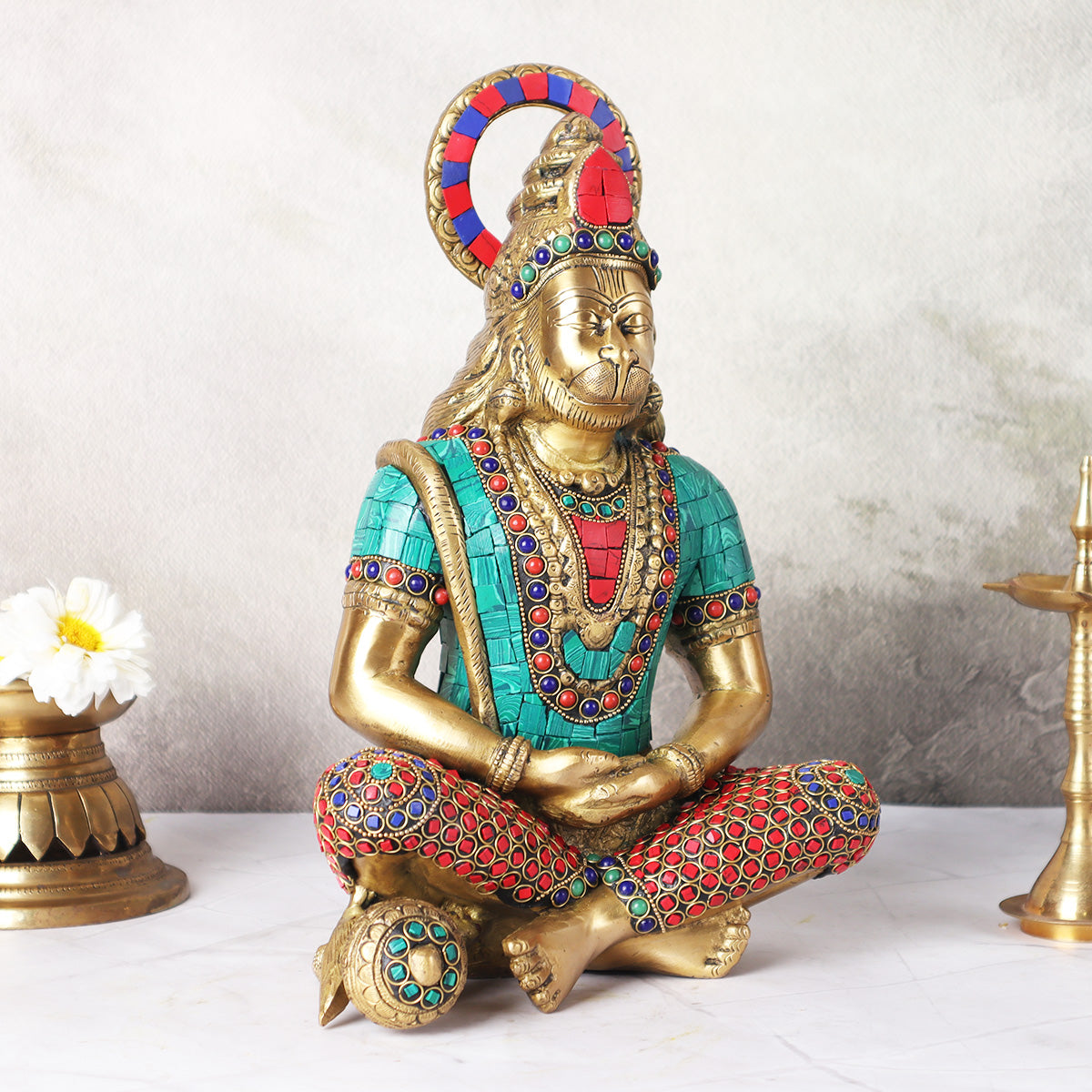 Right angle view of Lord Hanuman ji in dhyan mudra with vibrant mosaic detailing and seated posture