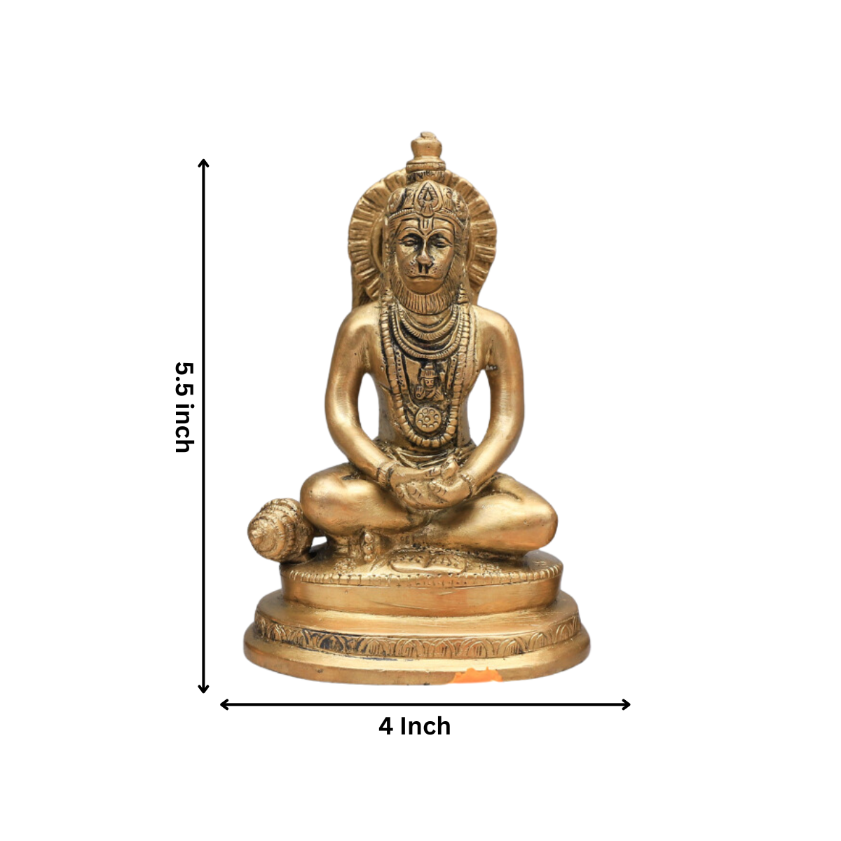 Close-up detail dimension of brass Hanuman statue set of 3 highlighting fine carving and devotional craftsmanship