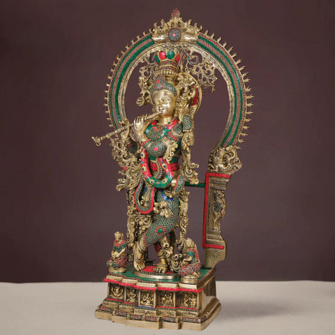 Brass Large  Krishna With Stone Work