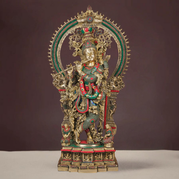 Brass Large Krishna Statue With Stone Work