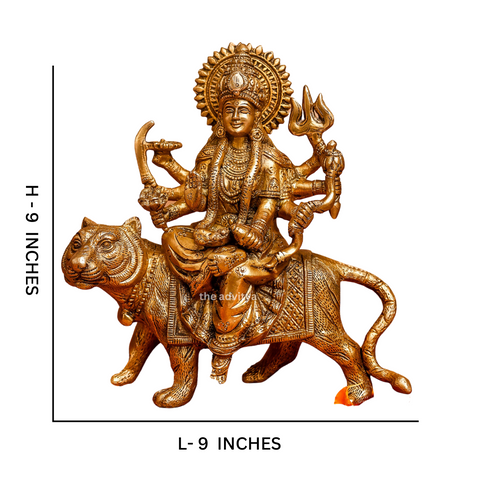 Nava Durgaa,Mahadevi,Katyayani,Mahadevi,Durga ma,Ambika,Brass Durga Idol Sitting on Lion